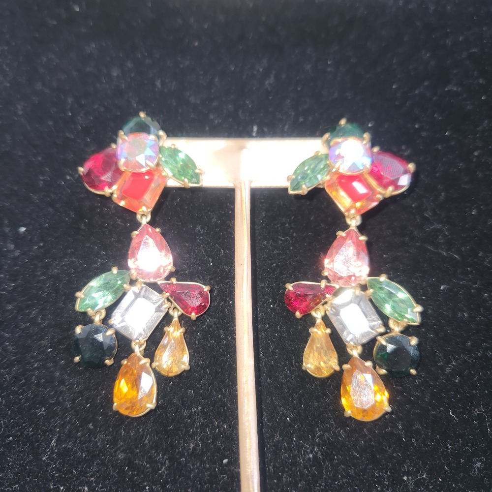 Multi Color J Crew Chandelier Drop Earrings Gold Tone Statement Jewelry Boho - Picture 4 of 9